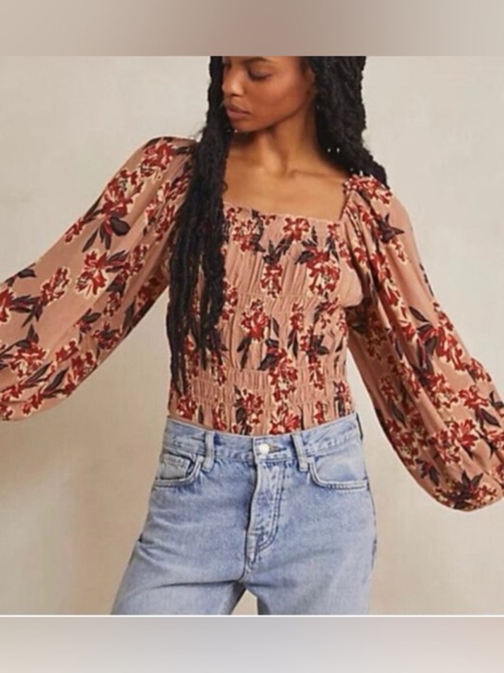 Free People Blush Floral Smocked Square-Neck Blouse NWOT